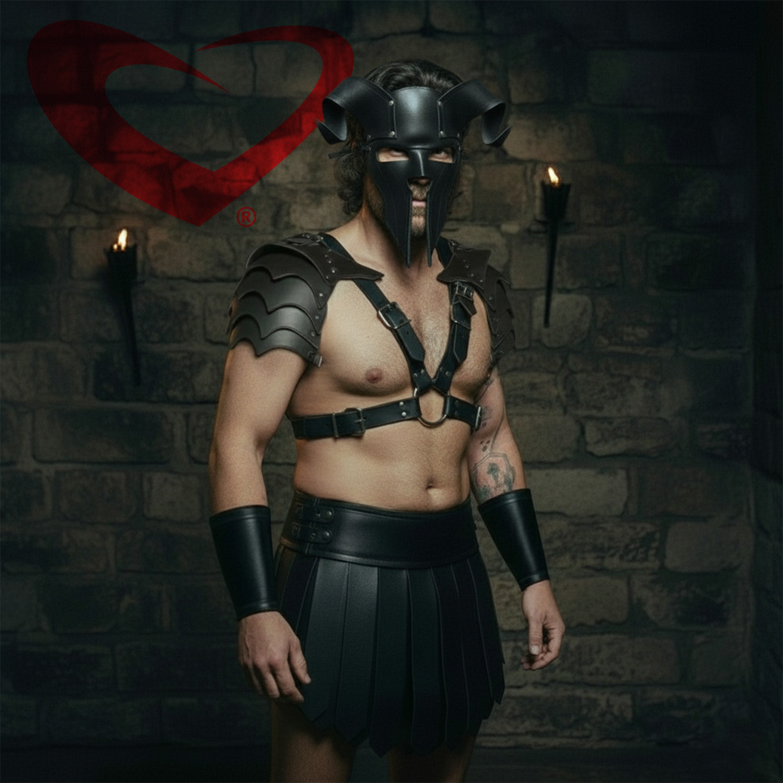 LeatherWerks Featured Halloween Outfit Centurion Mask Ram Black Roman Kilt Epaulettes