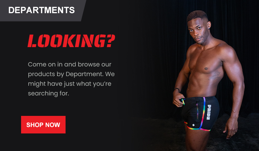 The Departments button has an image of a sexy muscular dark-skinned man wearing only a pair of Breedwell’s Pride shorts.