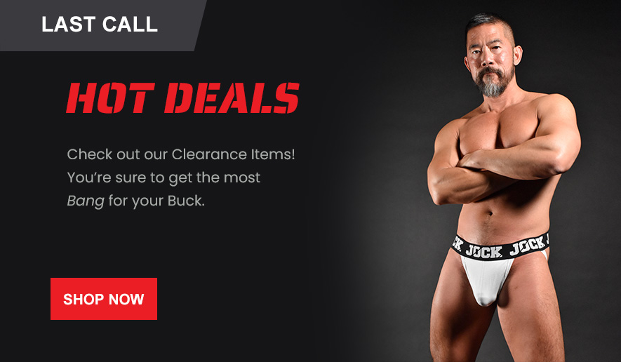 The Last Call button has an image of a sexy muscular man wearing a jockstrap that is in the clearance section of our store.