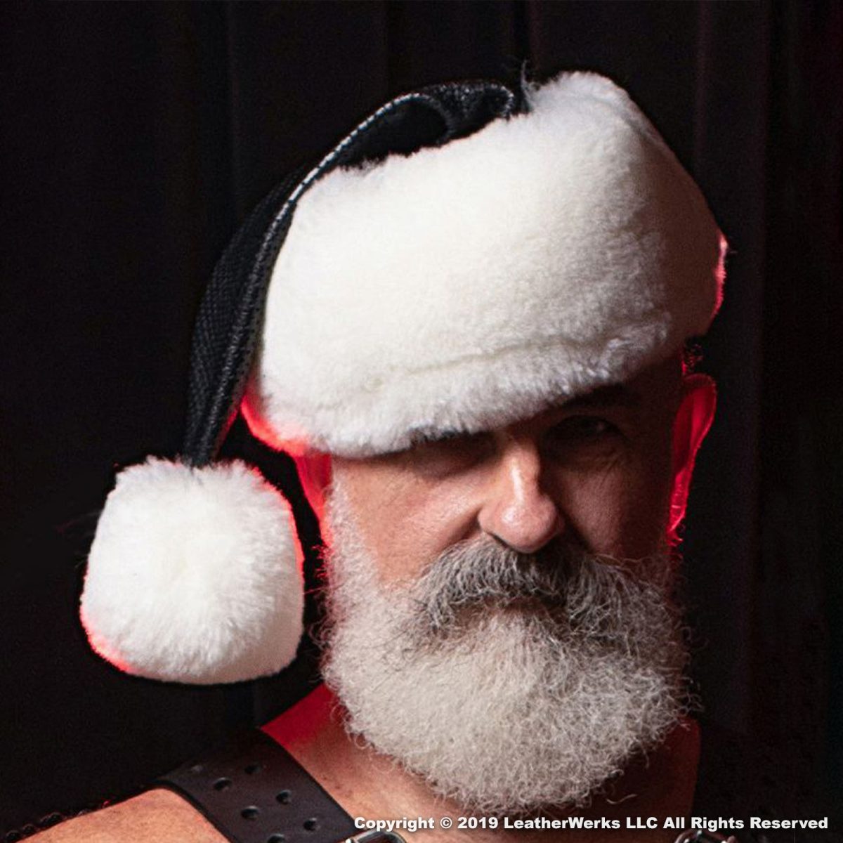 Santa Hat Blk Leather White Fur