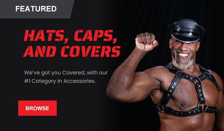 The Featured Button is for Hats, Caps, and Covers. It shows a muscular man with a fist raised wearing a harness and a cover.