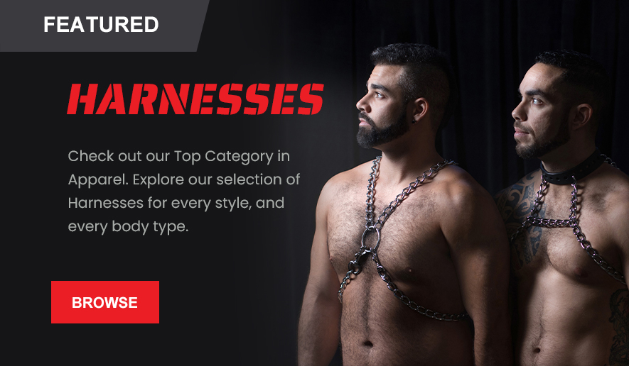 The Featured Button is for Harnesses. There are two shirtless men looking to the side, they are wearing chain harnesses.